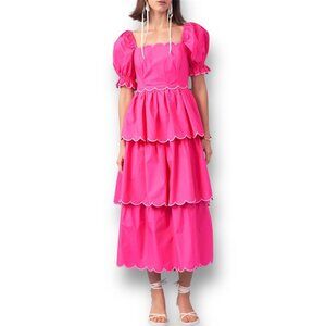 English Factory L Pink Scallop Tiered Maxi Dress Puff Sleeve Barbie Cottagecore
